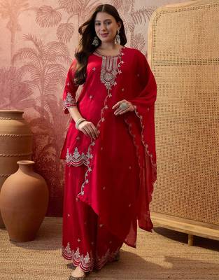 Red color vichitra silk fabric smart and girlie ethnic kurta set 1