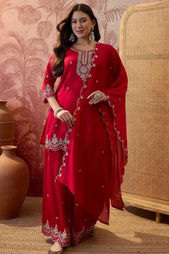 Red color vichitra silk fabric smart and girlie ethnic kurta set