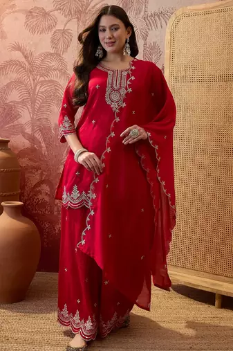 Red color vichitra silk fabric smart and girlie ethnic kurta set