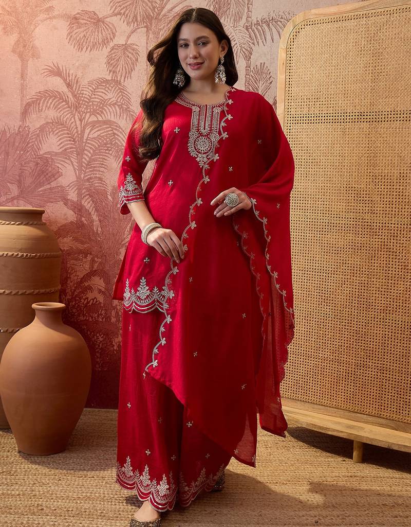 Red color vichitra silk fabric smart and girlie ethnic kurta set