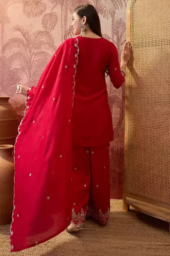 Red color vichitra silk fabric smart and girlie ethnic kurta set