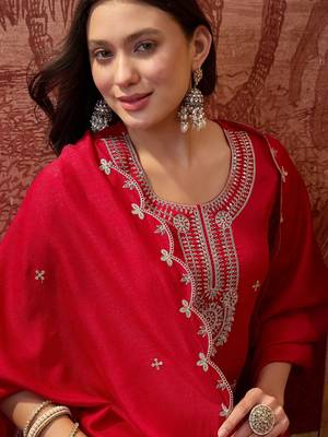 Red color vichitra silk fabric smart and girlie ethnic kurta set 3