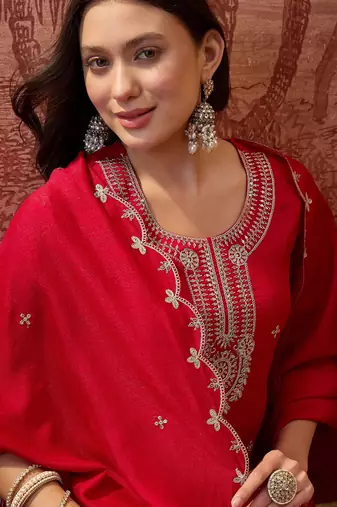 Red color vichitra silk fabric smart and girlie ethnic kurta set
