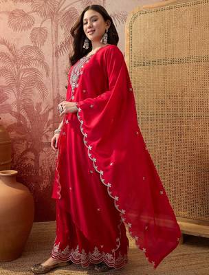 Red color vichitra silk fabric smart and girlie ethnic kurta set 4