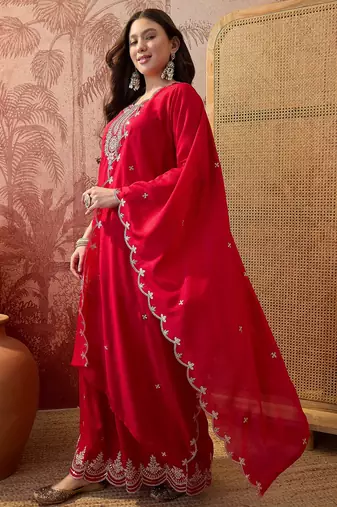 Red color vichitra silk fabric smart and girlie ethnic kurta set