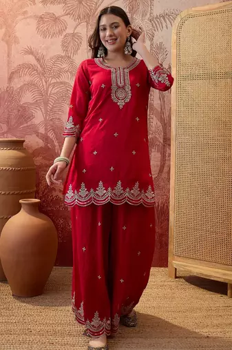 Red color vichitra silk fabric smart and girlie ethnic kurta set