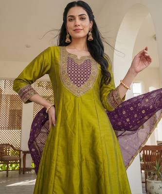 Olive color vichitra silk fabric smart and girlie ethnic kurta set 3