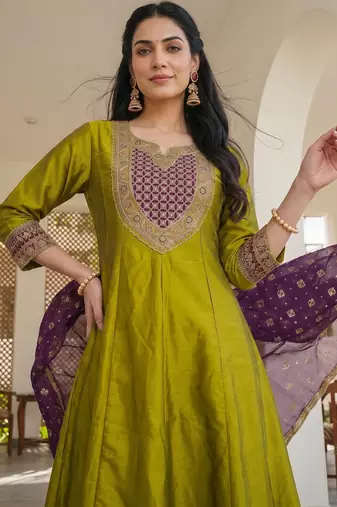 Olive color vichitra silk fabric smart and girlie ethnic kurta set