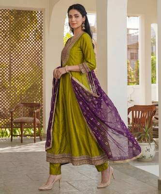 Olive color vichitra silk fabric smart and girlie ethnic kurta set 4