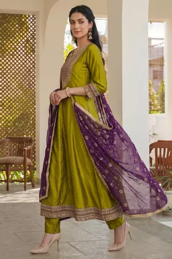 Olive color vichitra silk fabric smart and girlie ethnic kurta set