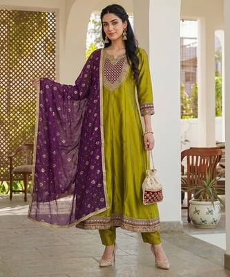Olive color vichitra silk fabric smart and girlie ethnic kurta set 5