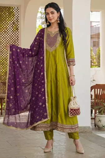 Olive color vichitra silk fabric smart and girlie ethnic kurta set