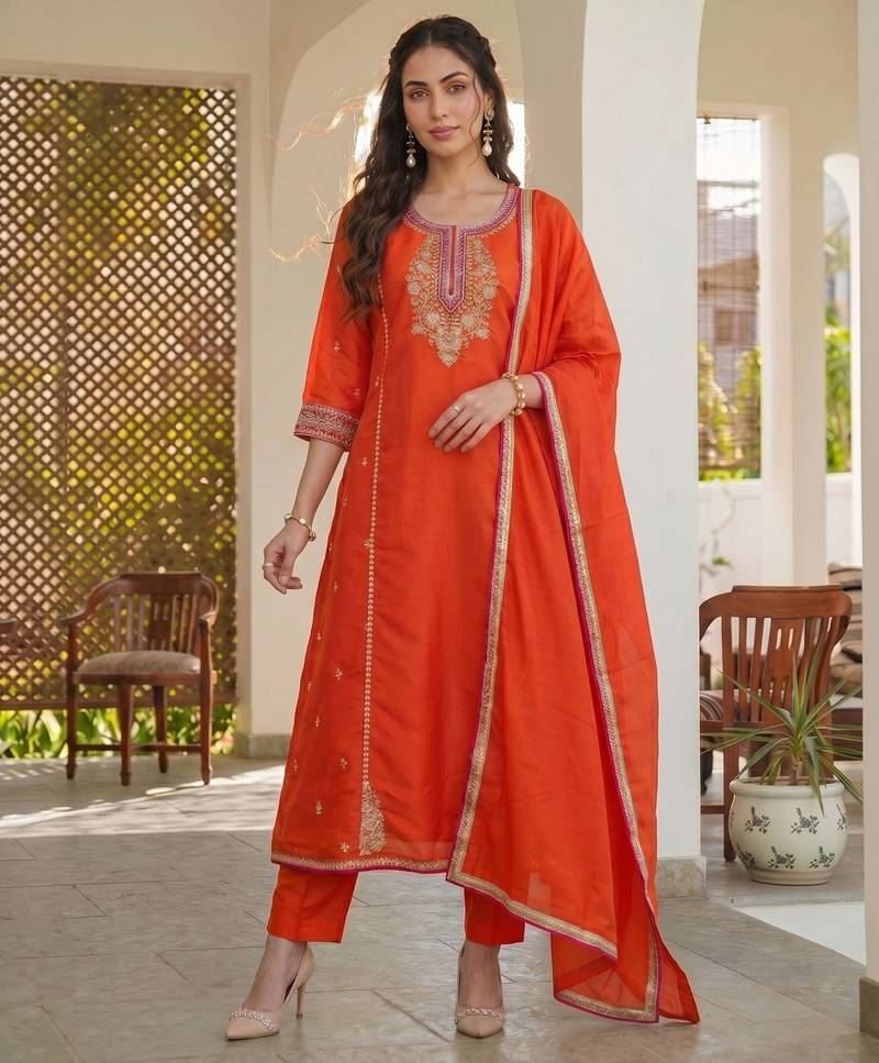 Orange color silk fabric designer embroidery work graceful partywear attire for girls
