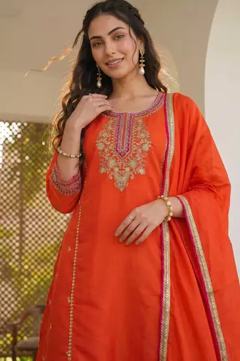 Orange color silk fabric designer embroidery work graceful partywear attire for girls