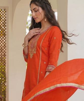 Orange color silk fabric designer embroidery work graceful partywear attire for girls 4