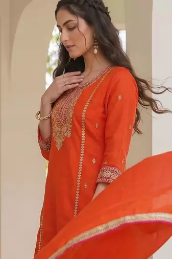 Orange color silk fabric designer embroidery work graceful partywear attire for girls
