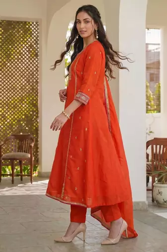 Orange color silk fabric designer embroidery work graceful partywear attire for girls