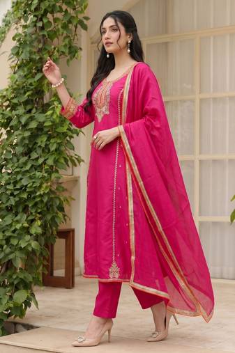 Pink color silk fabric designer embroidery work graceful partywear attire for girls