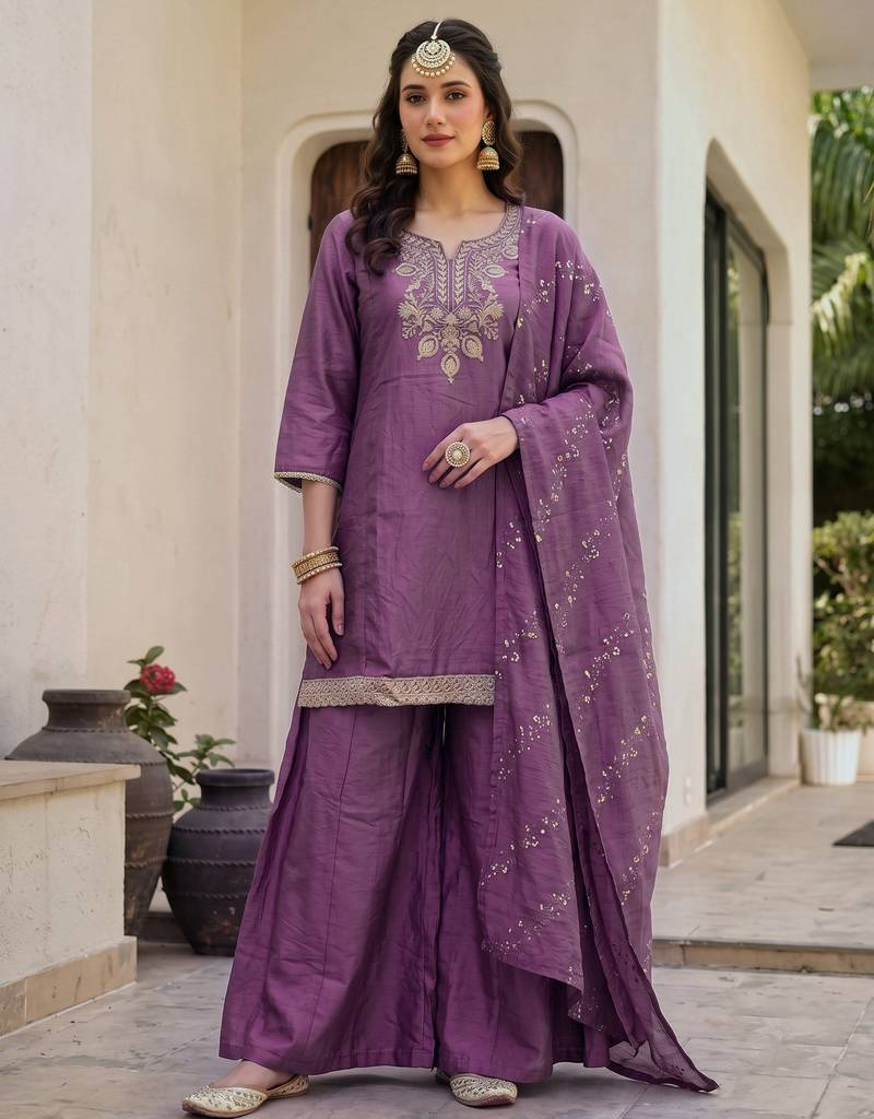 Onion color gold silk fabric designer embroidery work graceful partywear attire for girls