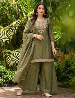 Mahendi color gold silk fabric designer embroidery work graceful partywear attire for girls 1