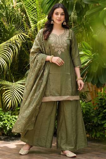 Mahendi color gold silk fabric designer embroidery work graceful partywear attire for girls