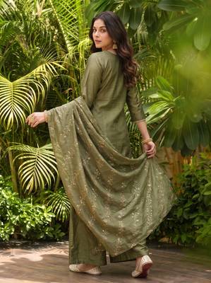 Mahendi color gold silk fabric designer embroidery work graceful partywear attire for girls 2