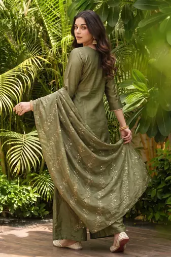 Mahendi color gold silk fabric designer embroidery work graceful partywear attire for girls