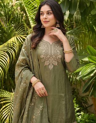 Mahendi color gold silk fabric designer embroidery work graceful partywear attire for girls 3