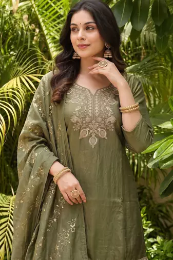 Mahendi color gold silk fabric designer embroidery work graceful partywear attire for girls