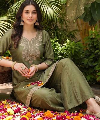 Mahendi color gold silk fabric designer embroidery work graceful partywear attire for girls 5