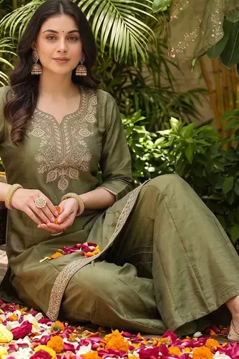 Mahendi color gold silk fabric designer embroidery work graceful partywear attire for girls