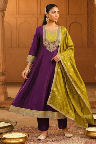 Wine color vichitra silk fabric designer embroidery work graceful partywear attire for girls