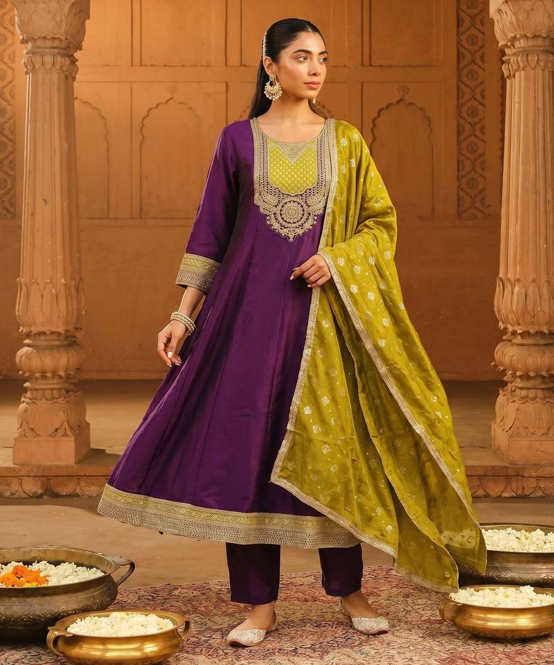 Wine color vichitra silk fabric designer embroidery work graceful partywear attire for girls
