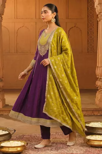 Wine color vichitra silk fabric designer embroidery work graceful partywear attire for girls