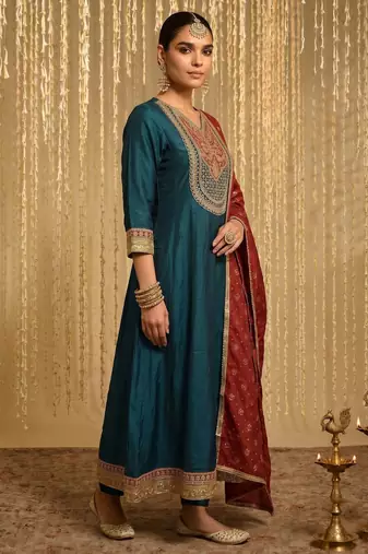 Teal color vichitra silk fabric designer embroidery work graceful partywear attire for girls
