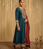 Teal color vichitra silk fabric designer embroidery work graceful partywear attire for girls