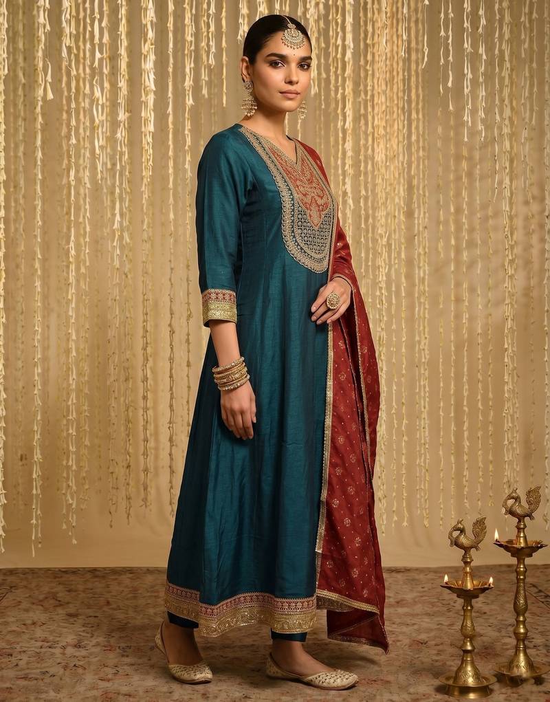 Teal color vichitra silk fabric designer embroidery work graceful partywear attire for girls
