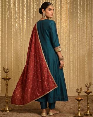 Teal color vichitra silk fabric designer embroidery work graceful partywear attire for girls 2