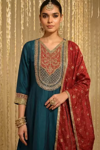 Teal color vichitra silk fabric designer embroidery work graceful partywear attire for girls