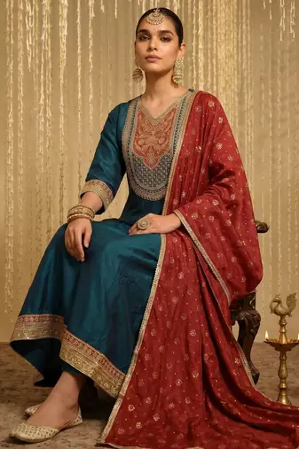 Teal color vichitra silk fabric designer embroidery work graceful partywear attire for girls