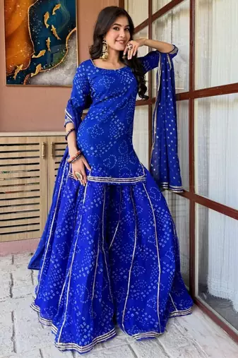 Blue color georgette fabric printed graceful partywear attire for girls