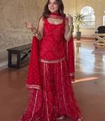 Red color georgette fabric printed graceful partywear attire for girls