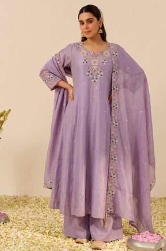 Lavender color simmer silk fabric designer embroidery work graceful partywear attire for girls