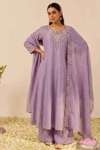 Lavender color simmer silk fabric designer embroidery work graceful partywear attire for girls