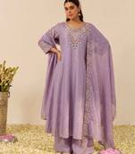 Lavender color simmer silk fabric designer embroidery work graceful partywear attire for girls