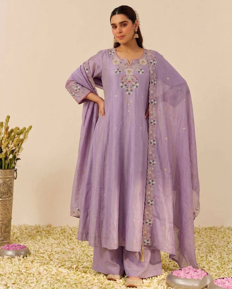Lavender color simmer silk fabric designer embroidery work graceful partywear attire for girls