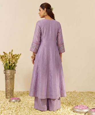 Lavender color simmer silk fabric designer embroidery work graceful partywear attire for girls 2