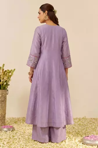 Lavender color simmer silk fabric designer embroidery work graceful partywear attire for girls