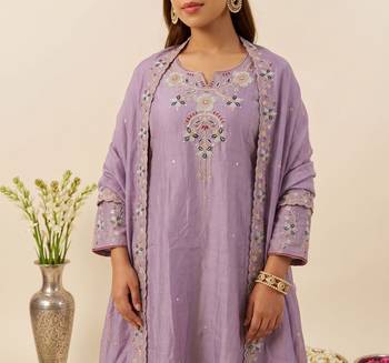 Lavender color simmer silk fabric designer embroidery work graceful partywear attire for girls 3