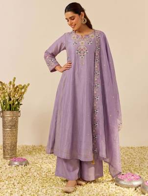 Lavender color simmer silk fabric designer embroidery work graceful partywear attire for girls 4